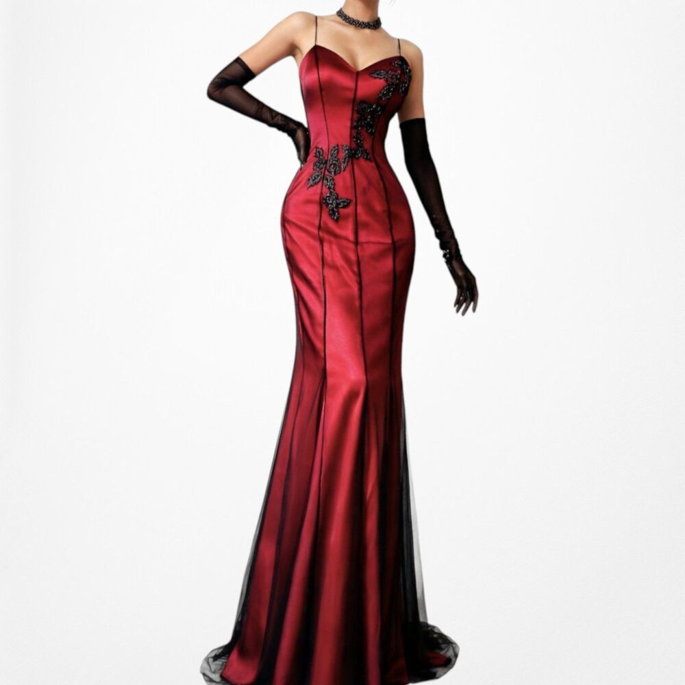 Vintage Y2K Burgundy Red Floral Beaded Embroidered Mesh Bodycon Maxi Prom Dress - Picture 3 of 11